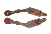 Showman Ladies Chocolate Rough Out Leather spur straps with Teal buck stitch trim