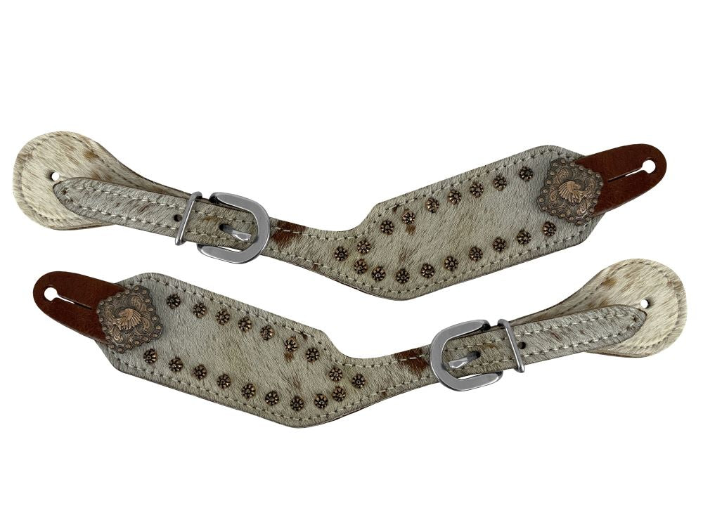 Ladies Hair on Cowhide Spur Straps - Indian Head Conchos