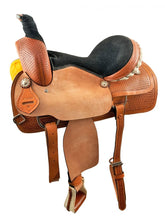 16" Medium Oil Roper Style saddle with rough out fenders  jockeys with basket stamp tooling and black suede seat