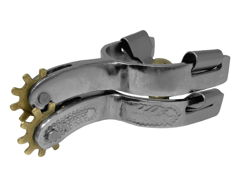 Showman Toddler Size Stainless Steel Western Spurs with Brass Rowel and Buttons - Engraved Leaf Design