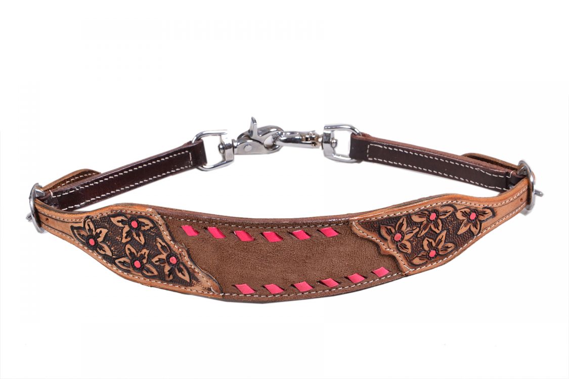 Showman Chocolate Oiled Rough Out Leather wither strap with Pink buck stitch trim