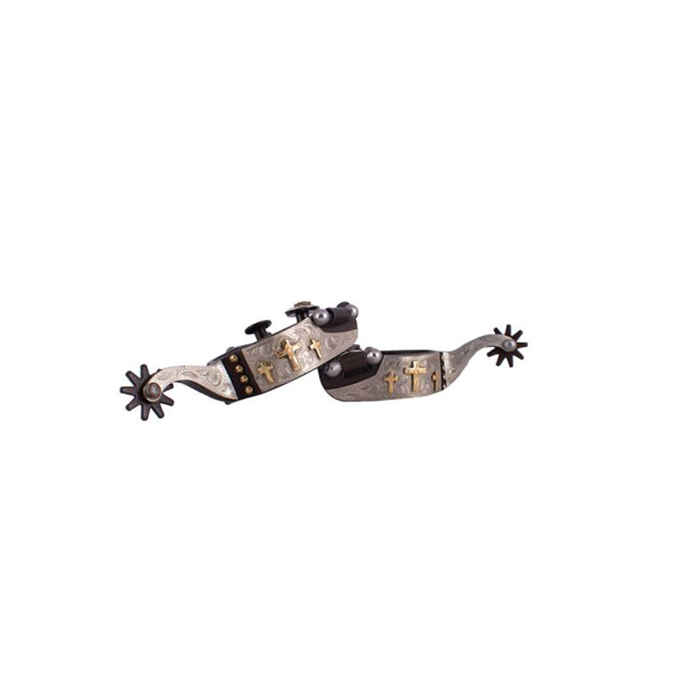 Showman Youth Brown Steel Spur with Brass Crosses and Silver Engraved Overlay