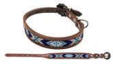 Showman Couture Beaded inlay leather dog collar with copper buckle - navy and light blue cross