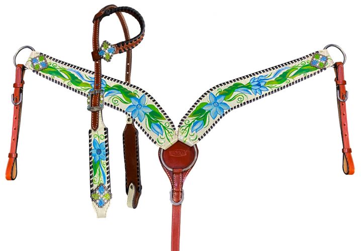 Showman One Ear Headstall and Breast Collar Set with Painted Blue Flower