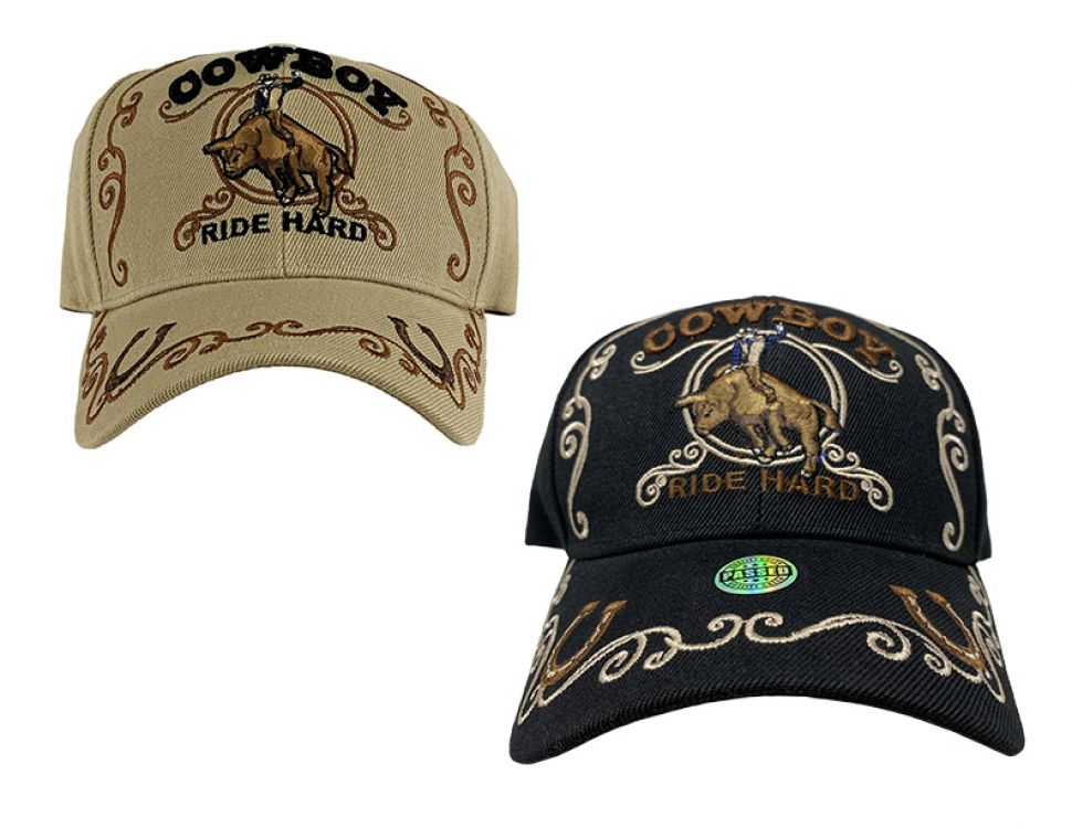 Tan Cowboy Ballcap with Bullrider decal "Ride Hard"