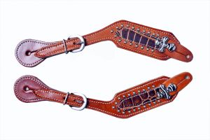 Showman Ladies Size Medium Oil Leather Brown Gator Print overlay Spur Straps