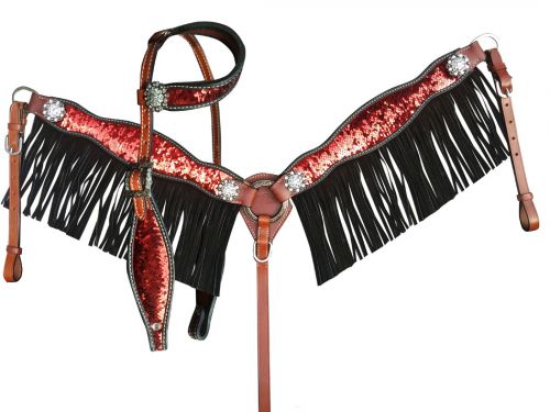 Showman Red and Gold Sequins Inlay Single Ear Headstall and Breast Collar Set with black suede leather fringe