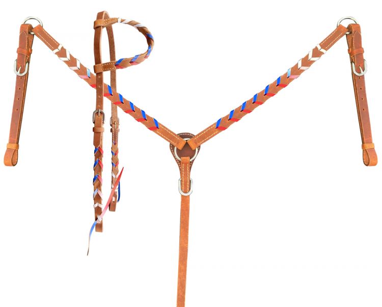 Showman Argentina cow harness Leather one ear headstall and breast collar set with red white and blue lacing