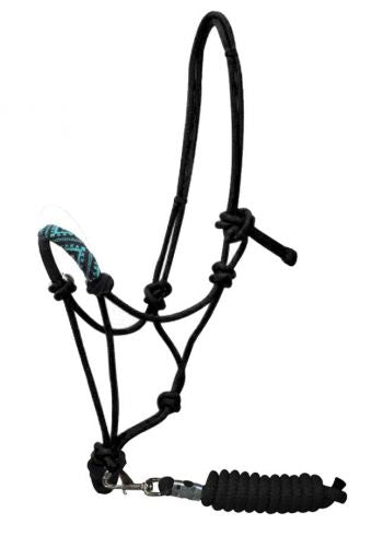 Showman Beaded nose cowboy knot rope halter with 7' lead - Black and teal