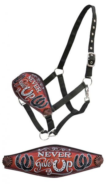 Showman "Never give Up" hand painted copper bronc nose halter