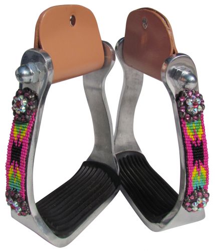 Showman Polished aluminum stirrup with hot pink and black navajo beaded overlay