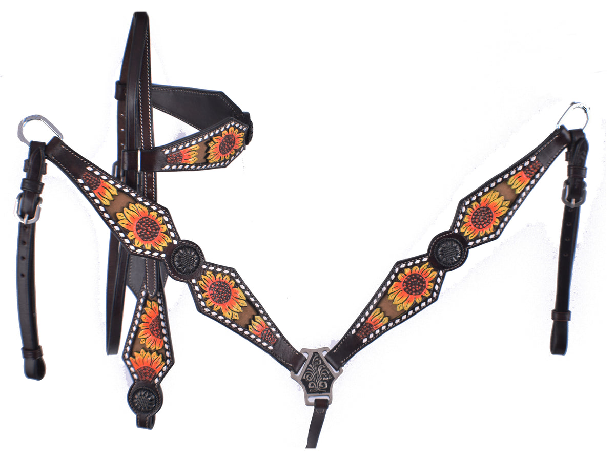 Showman Hand painted sunflower headstall and breast collar set with sunflower conchos