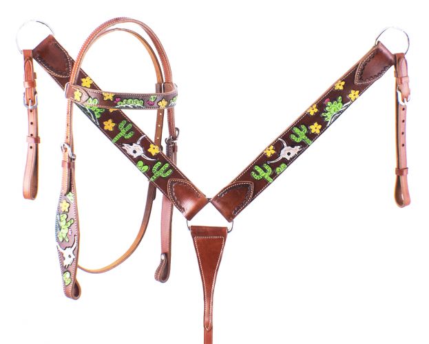 Showman Hand Painted Steer Skull, Cactus, and Small Yellow Flowers Headstall and Breast collar Set