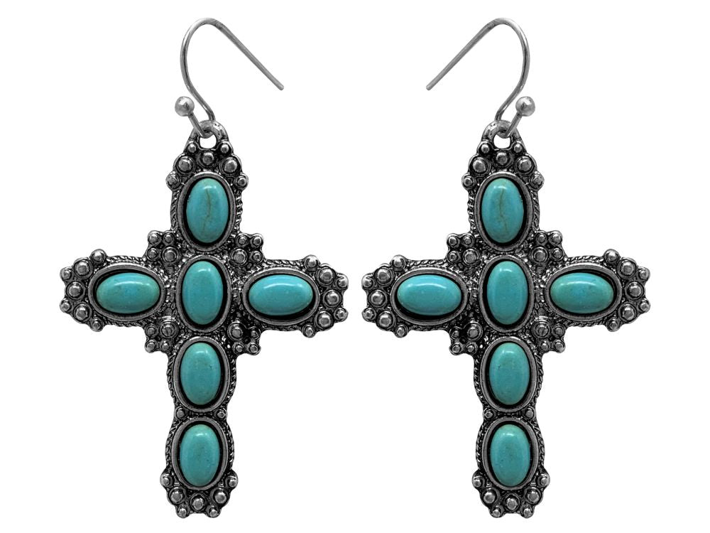 Cross silver earring with turquoise stone accent