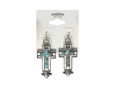 A set of silver cross earrings with turquoise stones with hook back