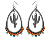 Teardrop beaded earrings with hook back and cactus accent