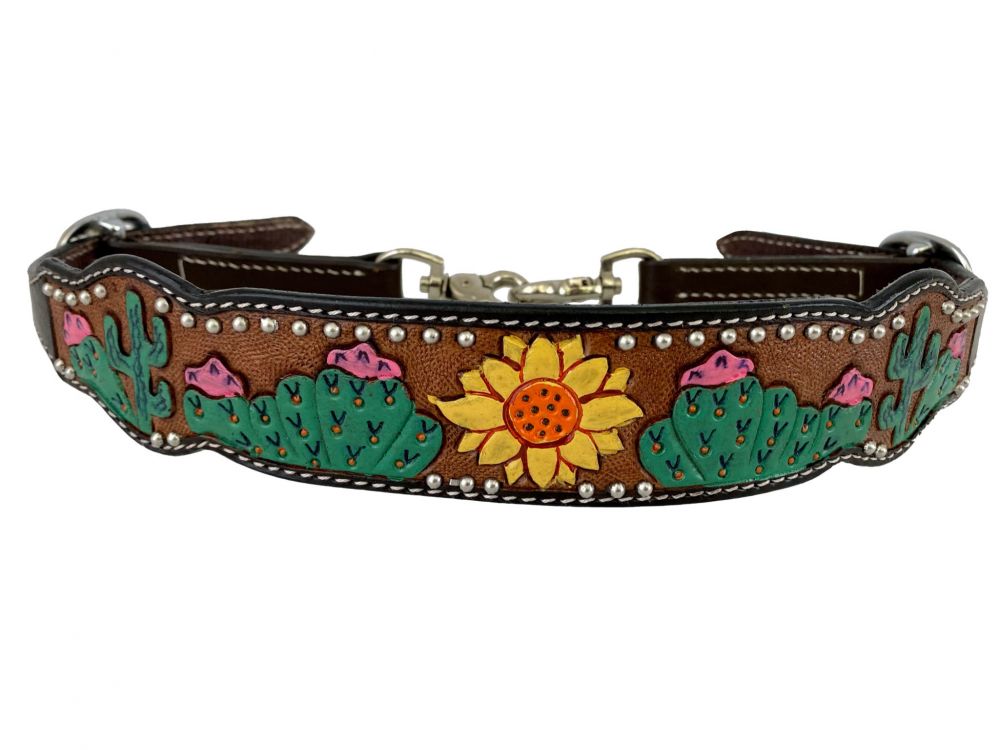 Showman wither strap with painted sunflower and cactus design