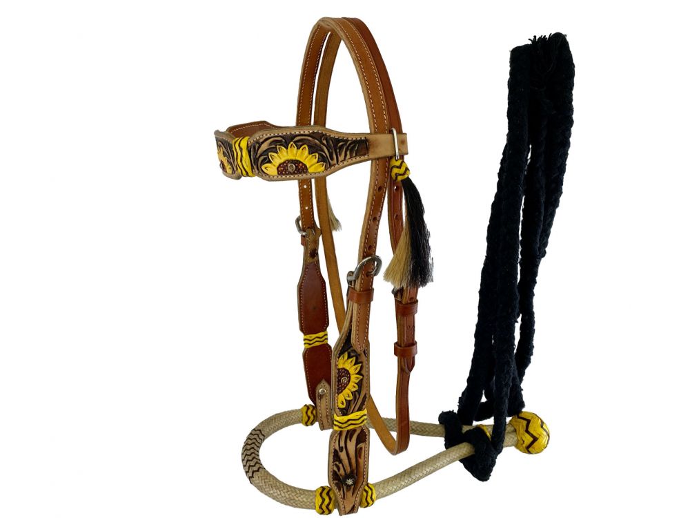 Showman Leather bosal headstall with sunflower painted design on medium leather and black cotton mecate reins