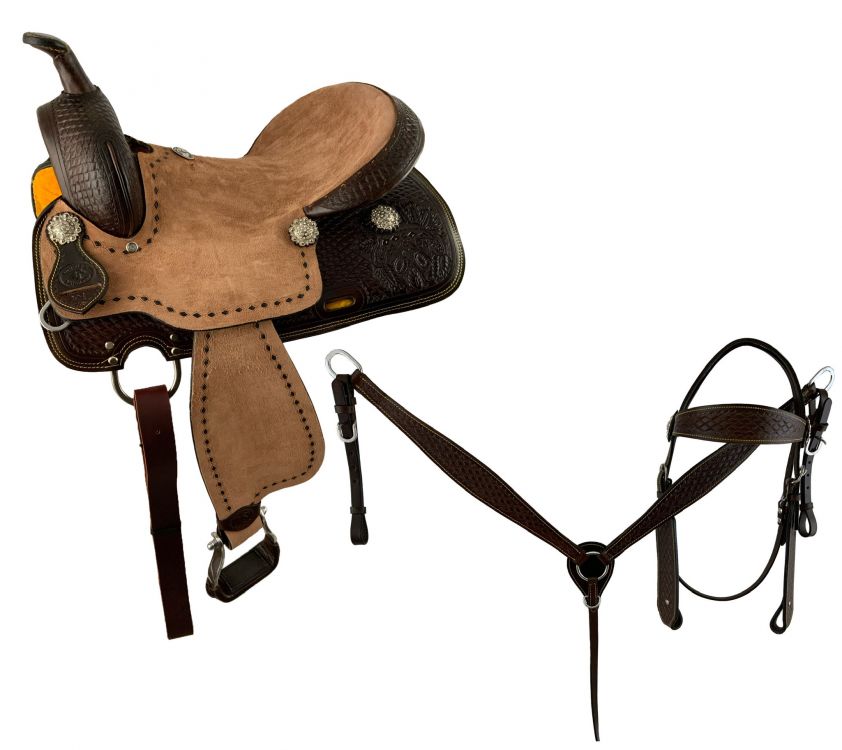 16" Double T Pleasure style saddle Set with Rough Out hard seat , Dark buckstitch accents and silver rhinestone conchos - with matching Headstall, Breast collar and Reins