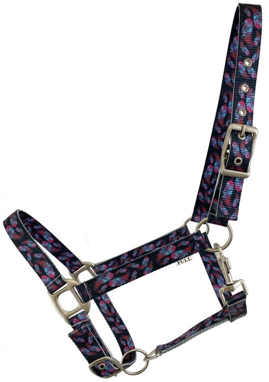 Showman Premium Nylon Horse Sized Halter with Black nylon featuring a multi color feather design