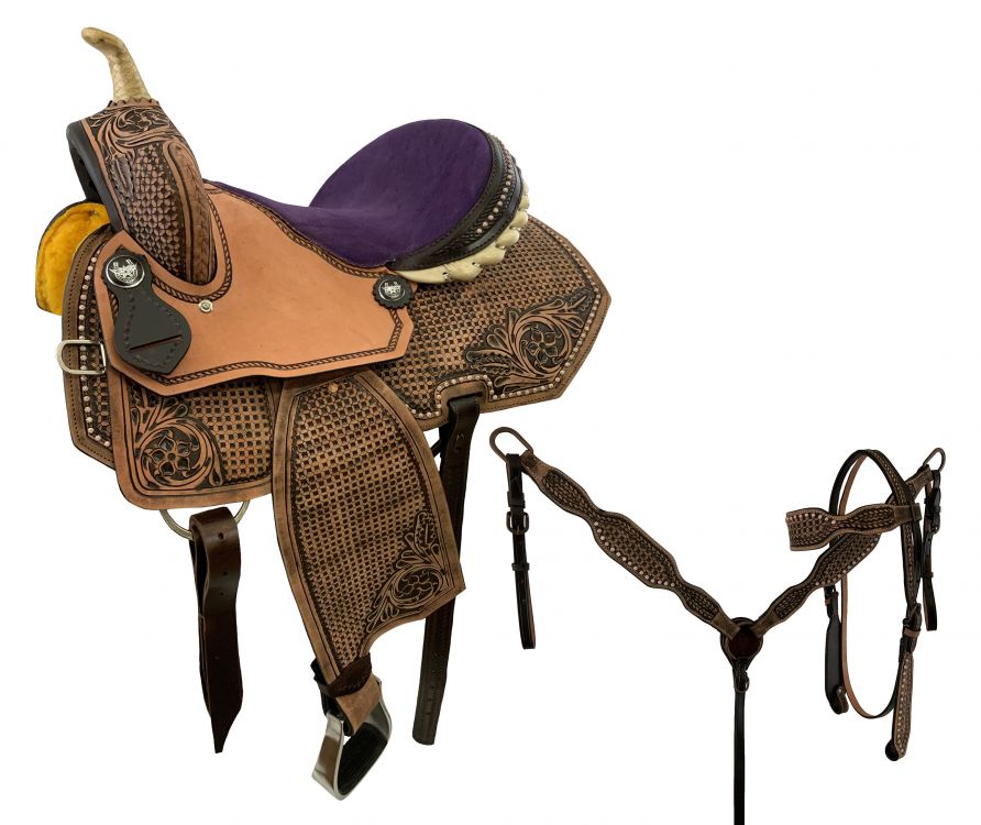 15" Economy Barrel Saddle Set with basket stamp tooling with floral tooled accents, copper beading and lucky star horseshoe concho with suede purple seat
