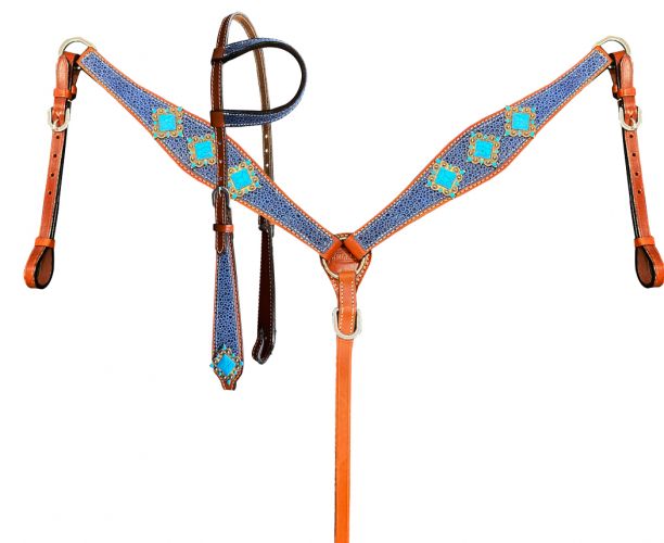 Showman Cheetah Print Headstall, Breast Collar, Reins Set With